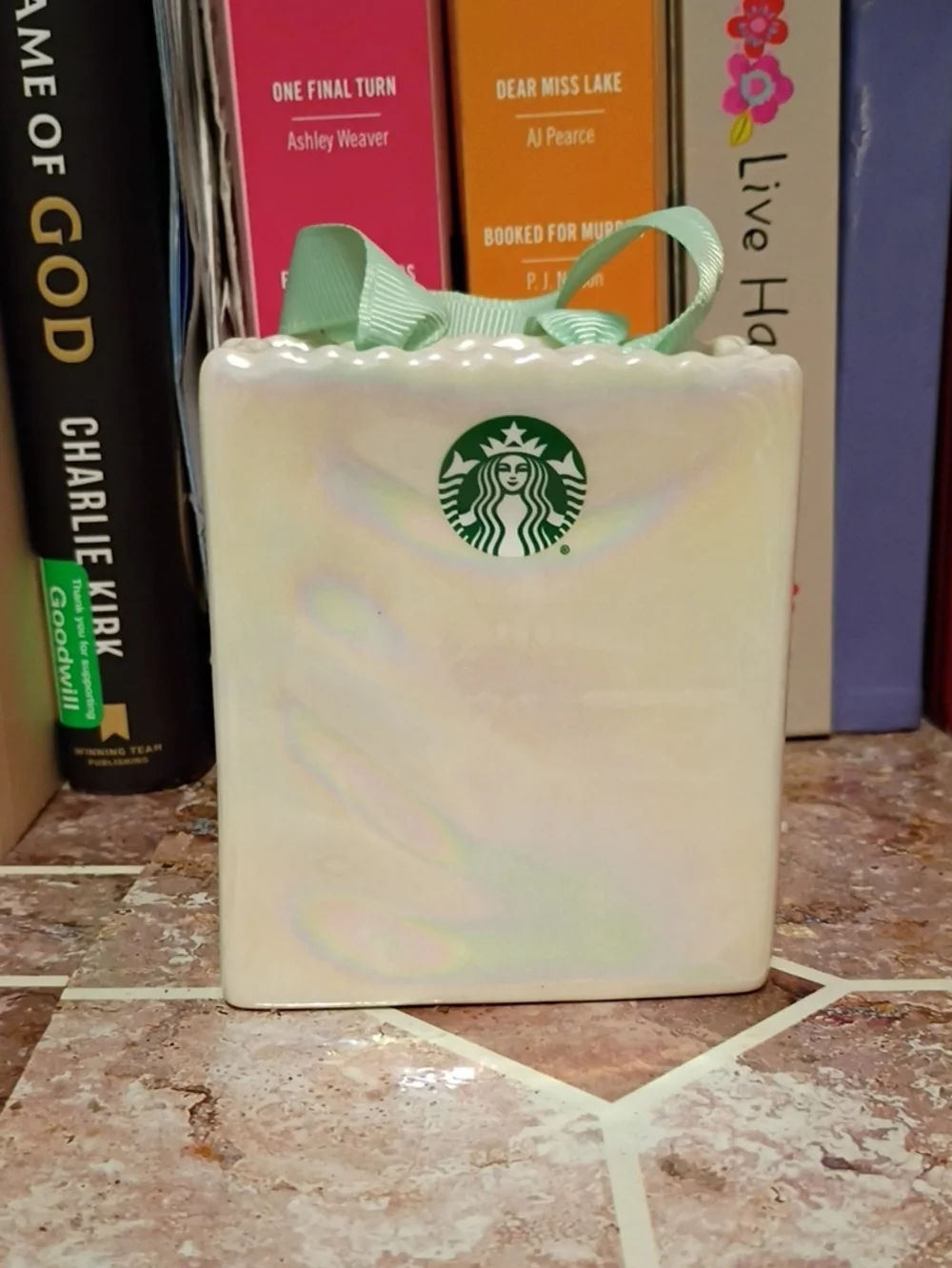 Starbucks Iridescent Pearl Ceramic Vase with Mint Ribbon Accent